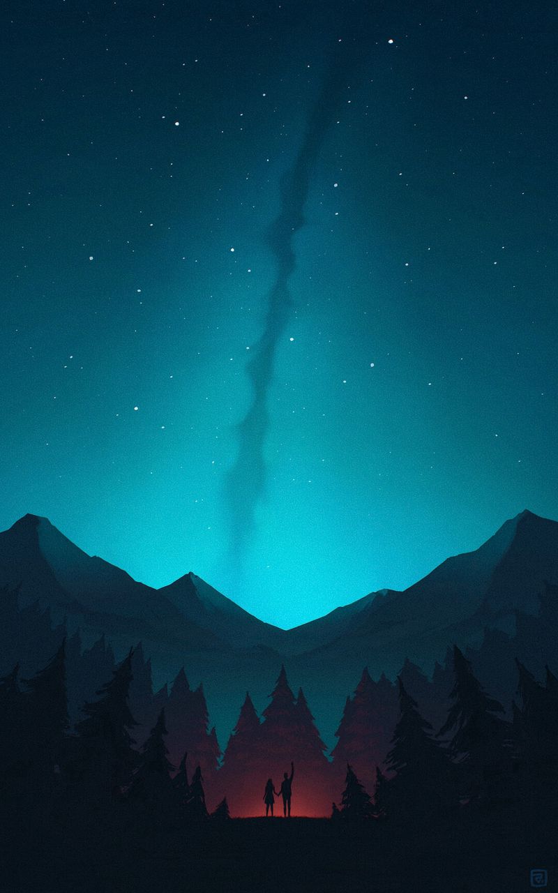 800x1280 Wallpaper night, forest, mountains, starry sky, silhouettes, art