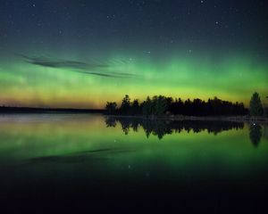 Preview wallpaper night, green, starry sky, river