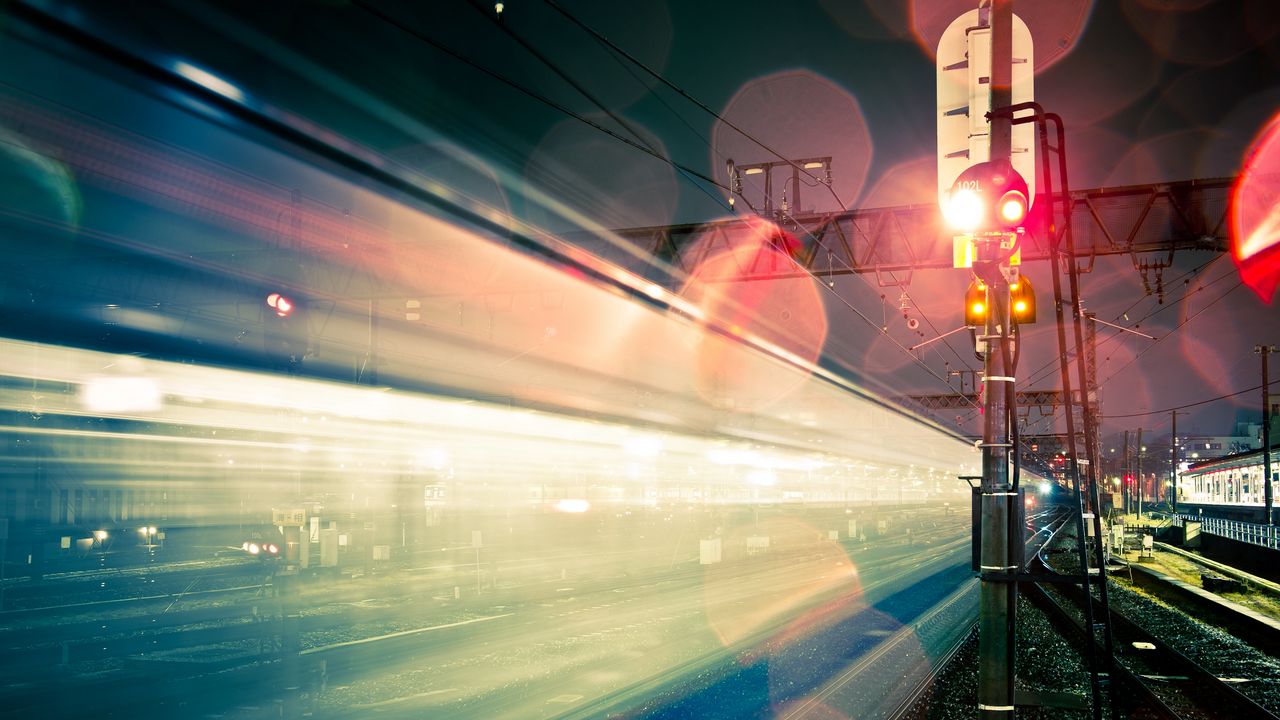 Wallpaper night, japan, railway, light, exposure, glare