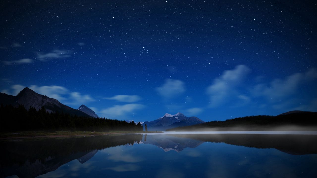Wallpaper night, lake, stars, water smooth surface, fog