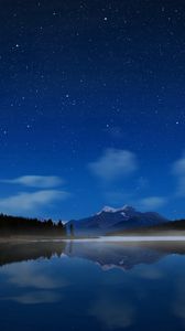 Preview wallpaper night, lake, stars, water smooth surface, fog