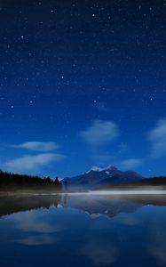 Preview wallpaper night, lake, stars, water smooth surface, fog