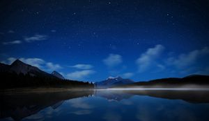 Preview wallpaper night, lake, stars, water smooth surface, fog
