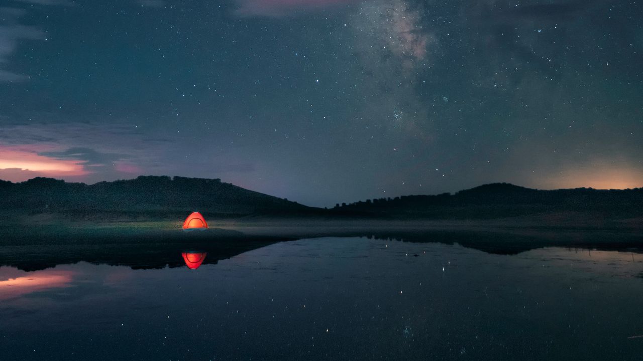 Wallpaper night, lake, stars, tent, camping
