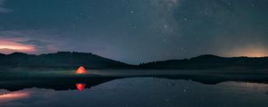 Preview wallpaper night, lake, stars, tent, camping