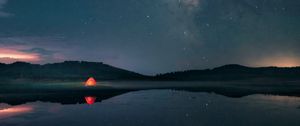 Preview wallpaper night, lake, stars, tent, camping