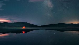 Preview wallpaper night, lake, stars, tent, camping