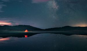 Preview wallpaper night, lake, stars, tent, camping