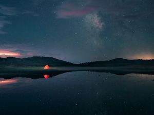 Preview wallpaper night, lake, stars, tent, camping