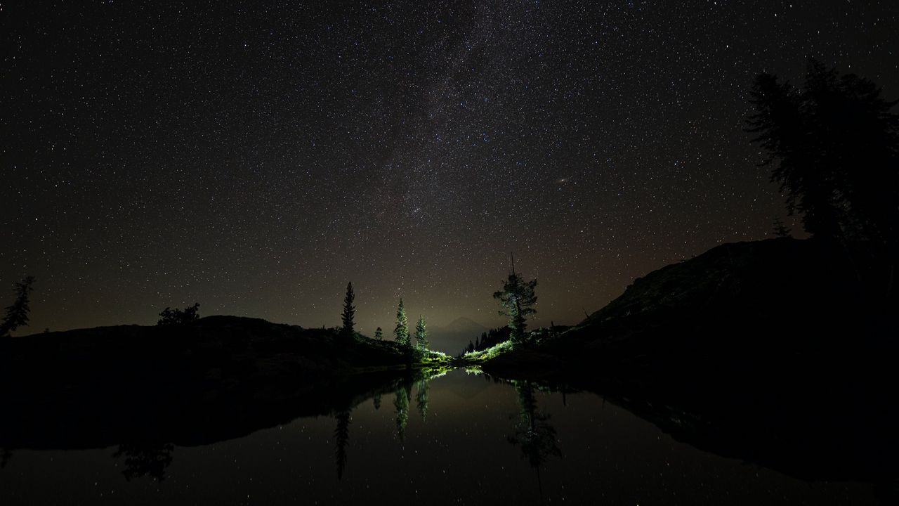 Wallpaper night, lake, stars, starry sky