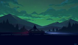 Preview wallpaper night, landscape, car, pair, art