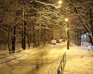 Preview wallpaper night, lanterns, city, park, car