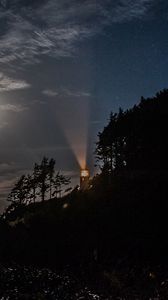 Preview wallpaper night, lighthouse, mountain, trees, sea