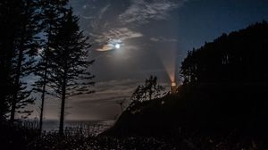 Preview wallpaper night, lighthouse, mountain, trees, sea