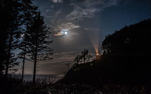 Preview wallpaper night, lighthouse, mountain, trees, sea