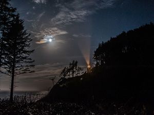 Preview wallpaper night, lighthouse, mountain, trees, sea