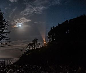 Preview wallpaper night, lighthouse, mountain, trees, sea