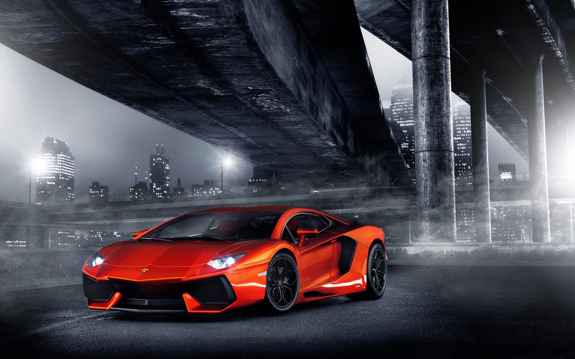 Download Wallpaper 1920x1200 Night, Lights, Aventador, Columns, Bridge