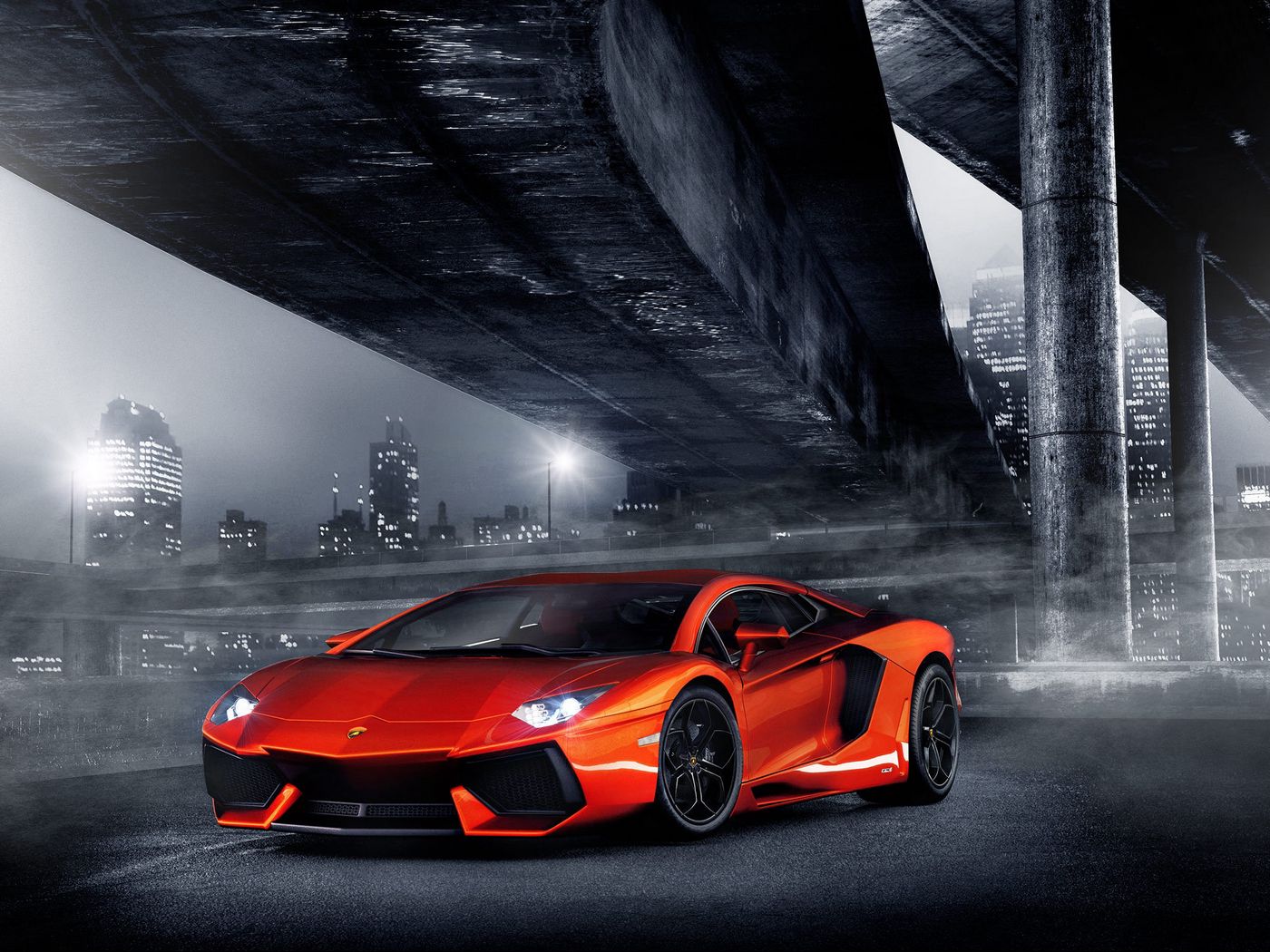 Download wallpaper 1400x1050 night, lights, aventador, columns, bridge