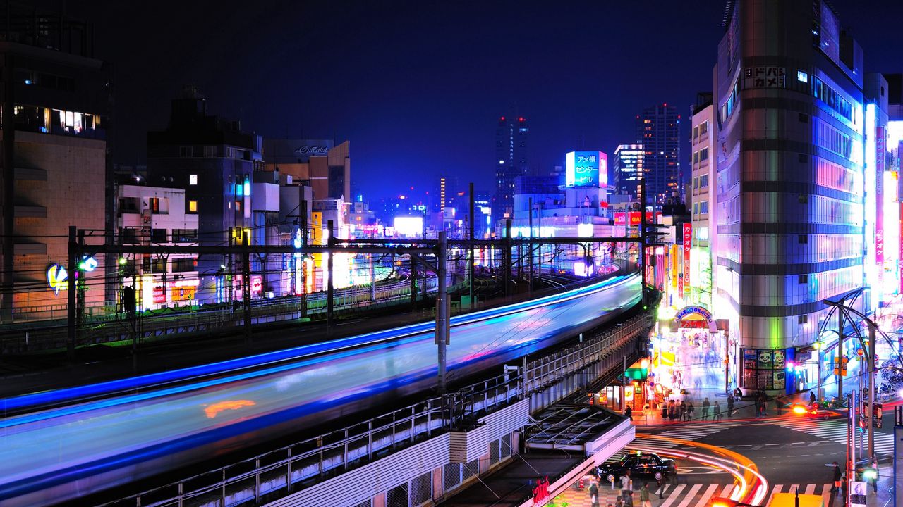 Wallpaper night, lights, buildings, railway station, ueno, tokyo