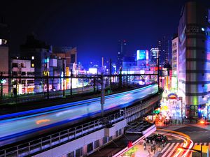 Preview wallpaper night, lights, buildings, railway station, ueno, tokyo