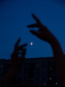 Preview wallpaper night, moon, dark, hands, building
