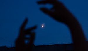 Preview wallpaper night, moon, dark, hands, building