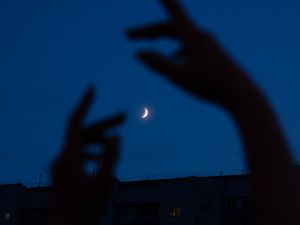 Preview wallpaper night, moon, dark, hands, building