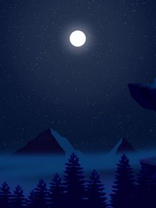 Preview wallpaper night, moon, mountains, peaks, forest, art