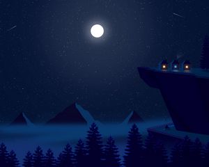 Preview wallpaper night, moon, mountains, peaks, forest, art