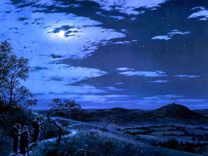Preview wallpaper night, moon, travelers, trail, nature