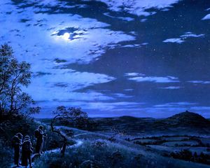 Preview wallpaper night, moon, travelers, trail, nature