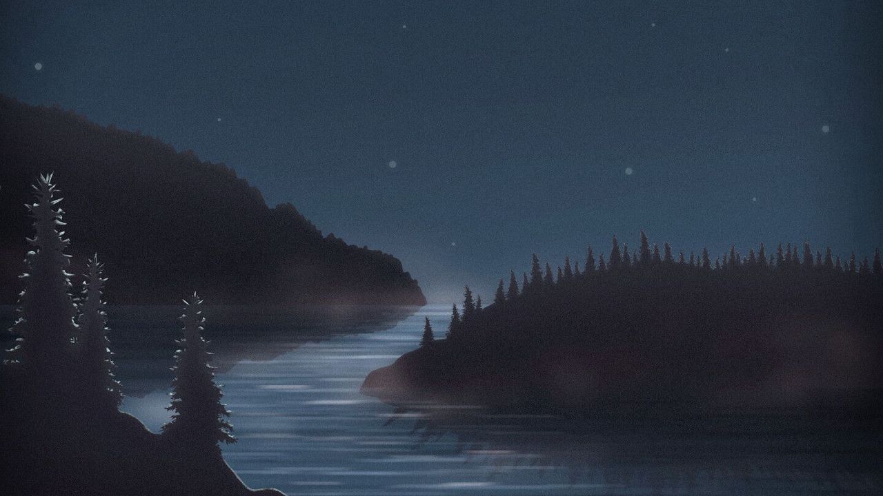 Wallpaper night, moon, water, forest, art