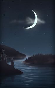 Preview wallpaper night, moon, water, forest, art