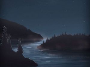 Preview wallpaper night, moon, water, forest, art