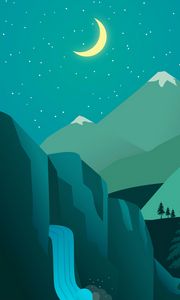 Preview wallpaper night, moon, waterfall, mountains, art