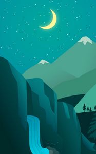 Preview wallpaper night, moon, waterfall, mountains, art