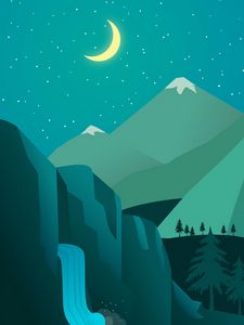 Preview wallpaper night, moon, waterfall, mountains, art