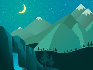 Preview wallpaper night, moon, waterfall, mountains, art
