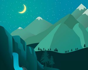 Preview wallpaper night, moon, waterfall, mountains, art