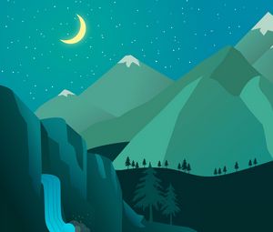 Preview wallpaper night, moon, waterfall, mountains, art