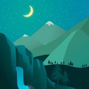 Preview wallpaper night, moon, waterfall, mountains, art