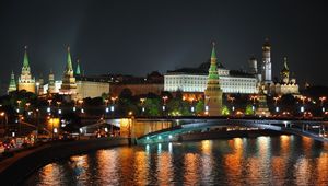 Preview wallpaper night, moscow, city lights, river, hdr