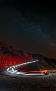Preview wallpaper night, mountains, road, turn, backlight