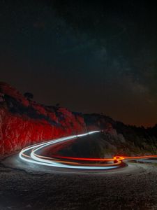 Preview wallpaper night, mountains, road, turn, backlight