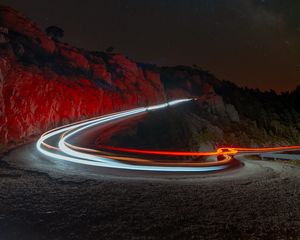 Preview wallpaper night, mountains, road, turn, backlight