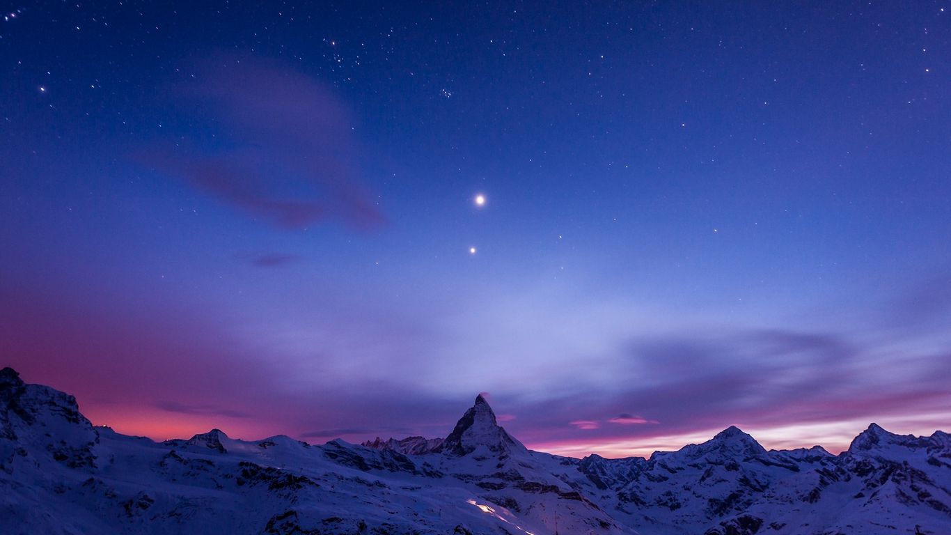 Download wallpaper 1366x768 night, mountains, snow, sky, stars tablet,  laptop hd background