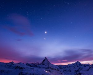 Preview wallpaper night, mountains, snow, sky, stars