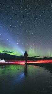 Preview wallpaper night, northern lights, silhouette, dark, starry sky