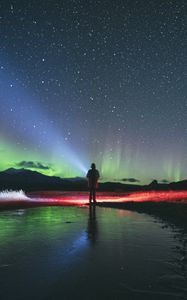 Preview wallpaper night, northern lights, silhouette, dark, starry sky